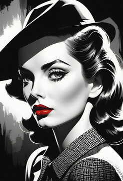 film noir style, moochrome ink sketch portrait of a beautiful woman with red lips. generative ai