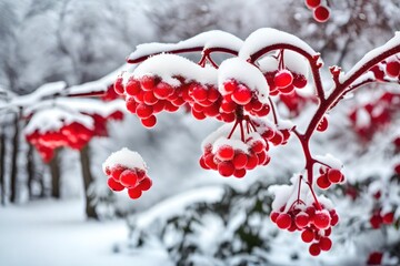 red berries in snow - obrazy, fototapety, plakaty