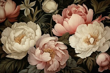 A rustic painting of artistic peonies with a beautiful background illustration that makes a perfect wallpaper mural. Generative AI