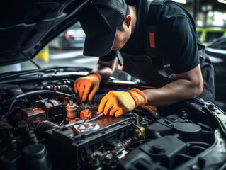 mechanic checking car safety working in garage, repair service concept