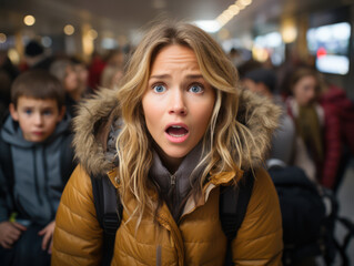 Close up portrait of a shocked and disbelieving blonde girl's face in the crowd - obrazy, fototapety, plakaty