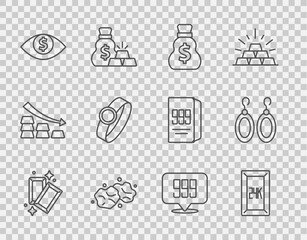 Set line Gold bars, 24k, Old money bag, nugget, Eye with dollar, ring, and Earrings icon. Vector