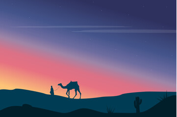 Fototapeta na wymiar desert background sunset man going with camel vector
