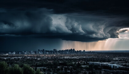 Fototapeta na wymiar A dramatic summer thunderstorm electrifies the modern city skyline generated by AI
