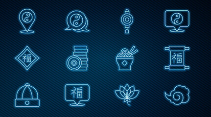 Set line Magic fog or smoke, Chinese New Year, paper lantern, Yuan currency, Yin Yang symbol, Asian noodles bowl and icon. Vector