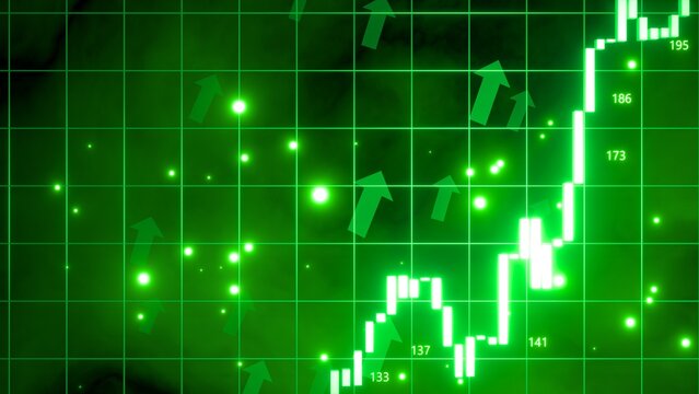 Template, Empty, 3D illustration of a bullish market featuring glow green trading candles and up arrows, vibrant glowing green background, financial growth and market prosperity. 4K,
