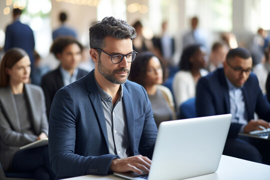Young Psychologist Attending an International Cognitive Behavioral Therapy Seminar, Specialist Using Laptop Computer, Psychotherapy Professional Sitting in a Crowded Room on a Training Program