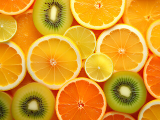 Fototapeta na wymiar background of cut pieces of orange, lemon, kiwi photo,