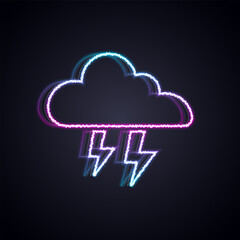 Glowing neon line Storm icon isolated on black background. Cloud and lightning sign. Weather icon of storm. Vector