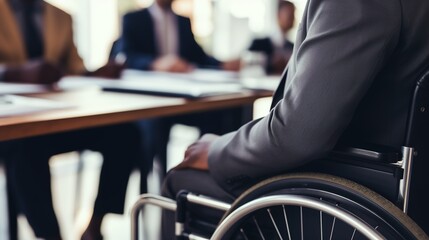 Fototapeta premium Disabled businessman in a wheelchair at work in office, having meetings with colleague