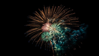 Explosive fireworks light up the night sky in vibrant colors generated by AI