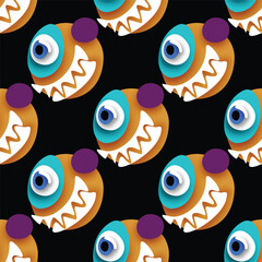 Seamless Pattern with Psyhodelical Print with One-eye Monster with Scary Smile. Surreal Design on Black. Pop Art Cartoon Style with Stains. Endless Texture. Vector 3d Illustration