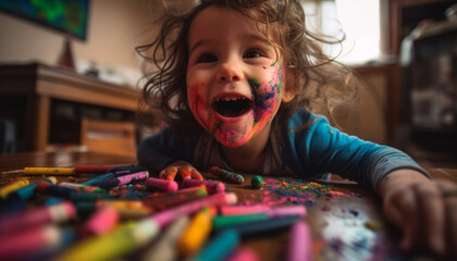 Cute toddler girl smiling, covered in paint, enjoying creative activity generated by AI