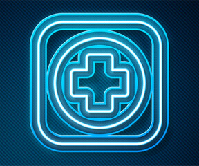 Obraz premium Glowing neon line Hospital signboard icon isolated on blue background. Vector