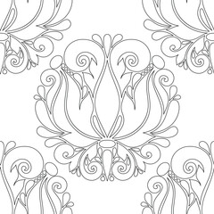 Floral Vintage Seamless Pattern in Paisley Style. Decorative Composition with Natural Motifs. Abstract Ornate Art. Vector Contour Illustration Coloring Book Page