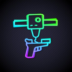 Glowing neon line 3D printer gun icon isolated on black background. 3d printing. Vector