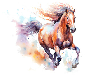 Watercolor painting of a horse galloping in the wind on a white background