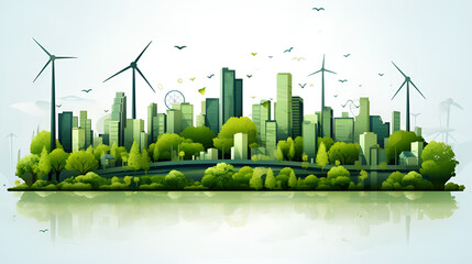 Green Energy in the Modern Metropolis: Wind Turbine Farm and Leaf in Smart City