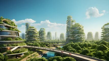 Green Oasis in the Modern Metropolis: Eco-Futuristic Cityscape 3D Illustration with Copy Space