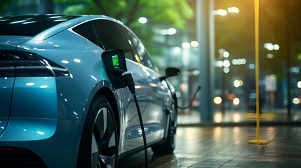 Electrifying Future: EV Car Plug-In at Charging Station with Battery Status Hologram in Green Park – Pioneering Eco Lifestyle and Sustainable Urban Living with Clean Energy Utilization