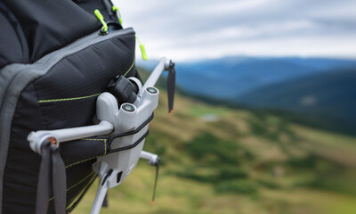 photo a small quadcopter drone is mounted on a backpack against the background of a mountain landscape
