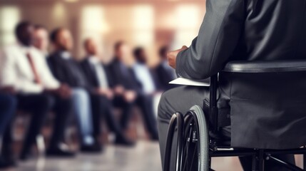 Fototapeta premium Disabled businessman in a wheelchair in office, The concept of a low-mobility category of people