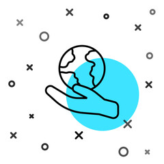 Black line Human hand holding Earth globe icon isolated on white background. Save earth concept. Random dynamic shapes. Vector