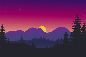 sunset landscape mountains and trees with purple and red color sky