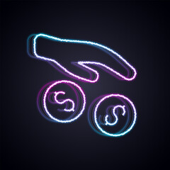 Glowing neon line Donation and charity icon isolated on black background. Donate money and charity concept. Vector