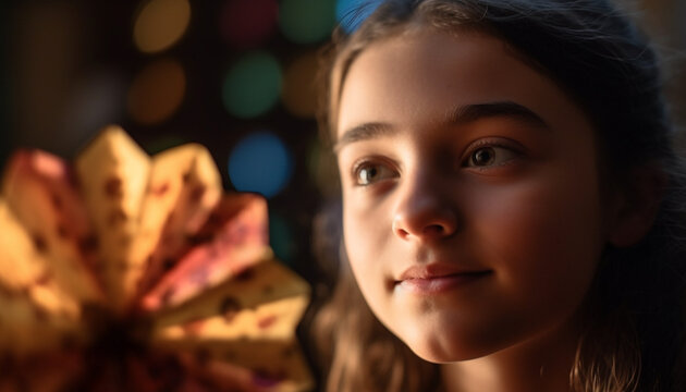 Cute girl smiling, looking at camera, enjoying Christmas decorations indoors generated by AI