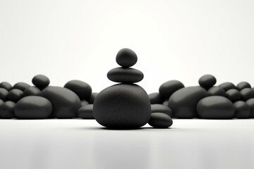 3D rendered image of stacked black pebbles on white background with space, illustrating 3D concept. Generative AI