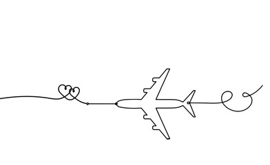 Abstract hearts with plane as continuous line drawing on white background. Vector. Vector - obrazy, fototapety, plakaty