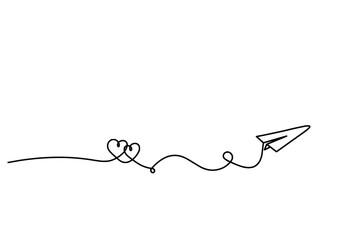 Abstract hearts with paper plane as continuous line drawing on white background. Vector