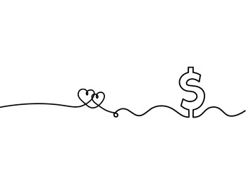 Abstract hearts with dollar as continuous line drawing on white background. Vector - obrazy, fototapety, plakaty