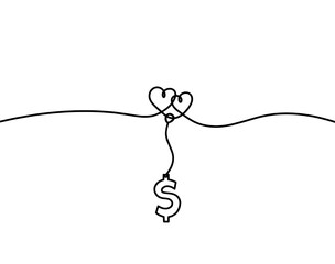 Abstract hearts with dollar as continuous line drawing on white background. Vector - obrazy, fototapety, plakaty