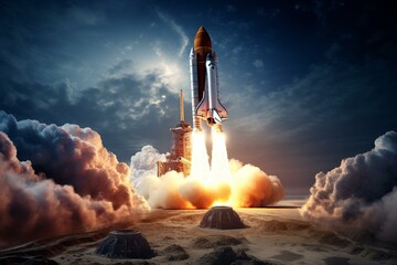 Image depicting a space rocket taking off. Generative AI - obrazy, fototapety, plakaty