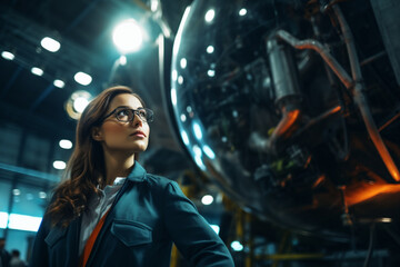 Brilliant Female Engineer Looking Around in Wonder at the Aerospace Satellite Manufacturing Facility, Young Talent Starting Her Career in World Top Science and Technology Space Exploration Program