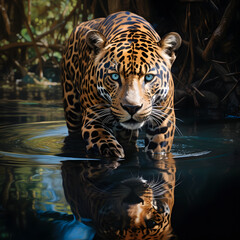 A jaguar drinking water in a river in the wilderness