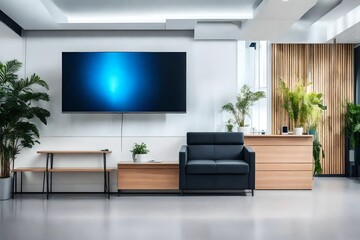 modern living room, tv mockup in hospital reception. Living room interior with blank tv mockup