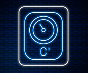 Glowing neon line Sauna thermometer icon isolated on brick wall background. Sauna and bath equipment. Vector
