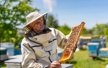 Fotobehang Beekeeper in Protective Suit With Beehive. A man in a bee suit holding a beehive © Vadim