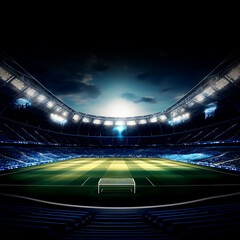 Fototapeta na wymiar Football field with spotlight, green grass and night sky, Soccer stadium field, soccer background