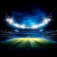 Football field with spotlight, green grass and night sky, Soccer stadium field, soccer background