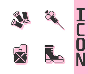 Set Hunter boots, Cartridges, Canteen water bottle and Syringe icon. Vector