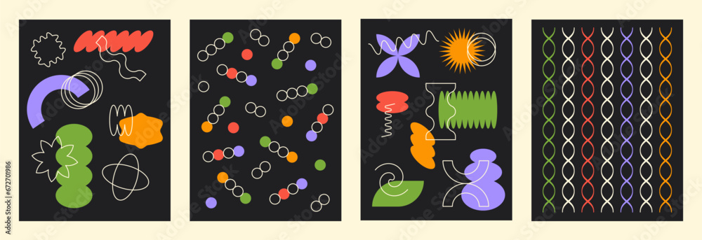 Poster abstract retro set colorful backgrounds with brutal geometric shapes on a black background. trendy v