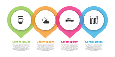 Set Well with bucket, Sun and cloud weather, Pickup truck and Garden hose. Business infographic template. Vector