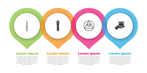 Set Magic wand, Bottle with potion, Masons and Magician hat in hand. Business infographic template. Vector