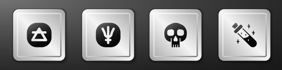 Set Air element, Neptune planet, Skull and Bottle with potion icon. Silver square button. Vector