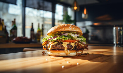 whole burger isolated on blur cafe interior background