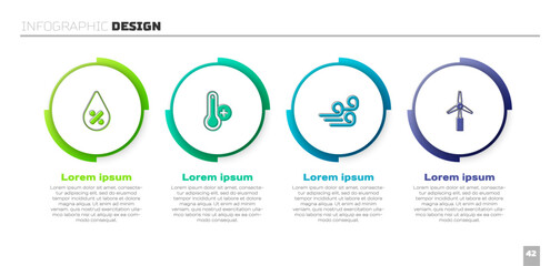 Set Water drop percentage, Meteorology thermometer, Windy weather and turbine. Business infographic template. Vector